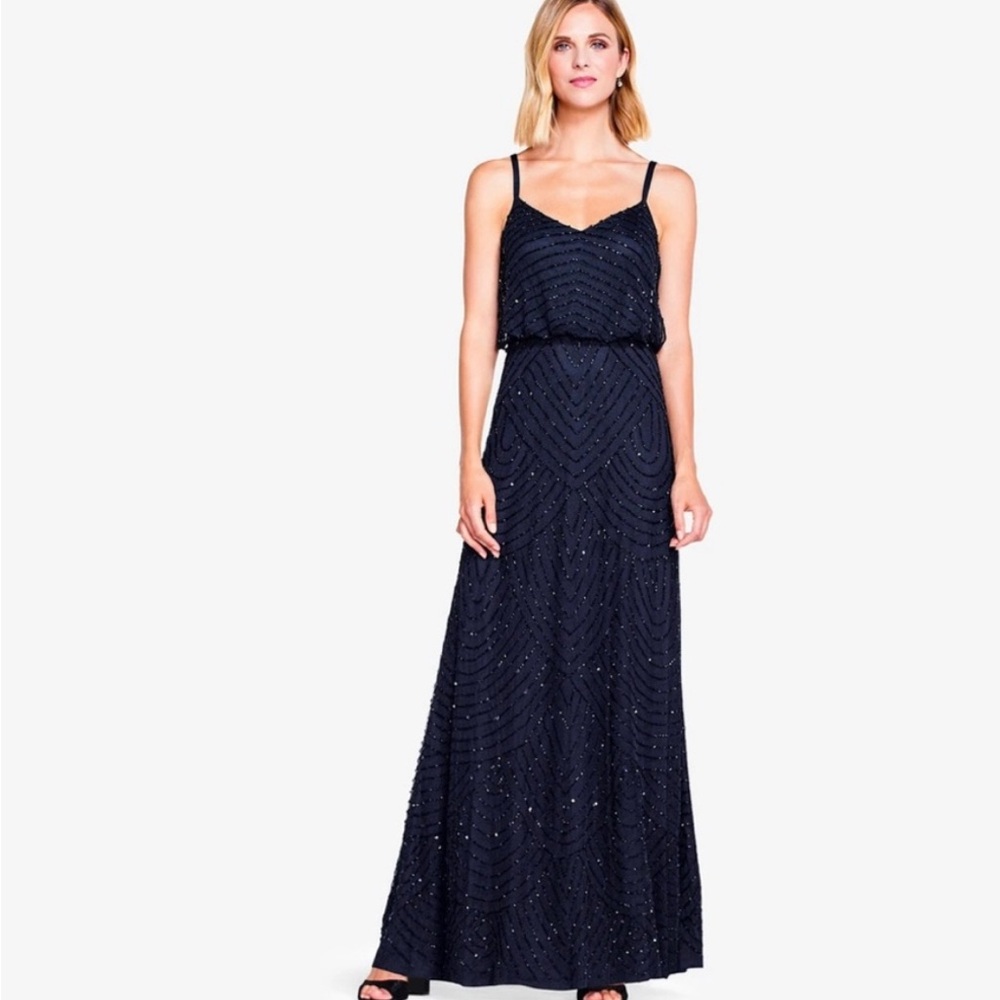 Adrianna Papell Navy Beaded Blouson Gown SZ 0 NWT Maxi Formal Dress GALA MOB/MOG
